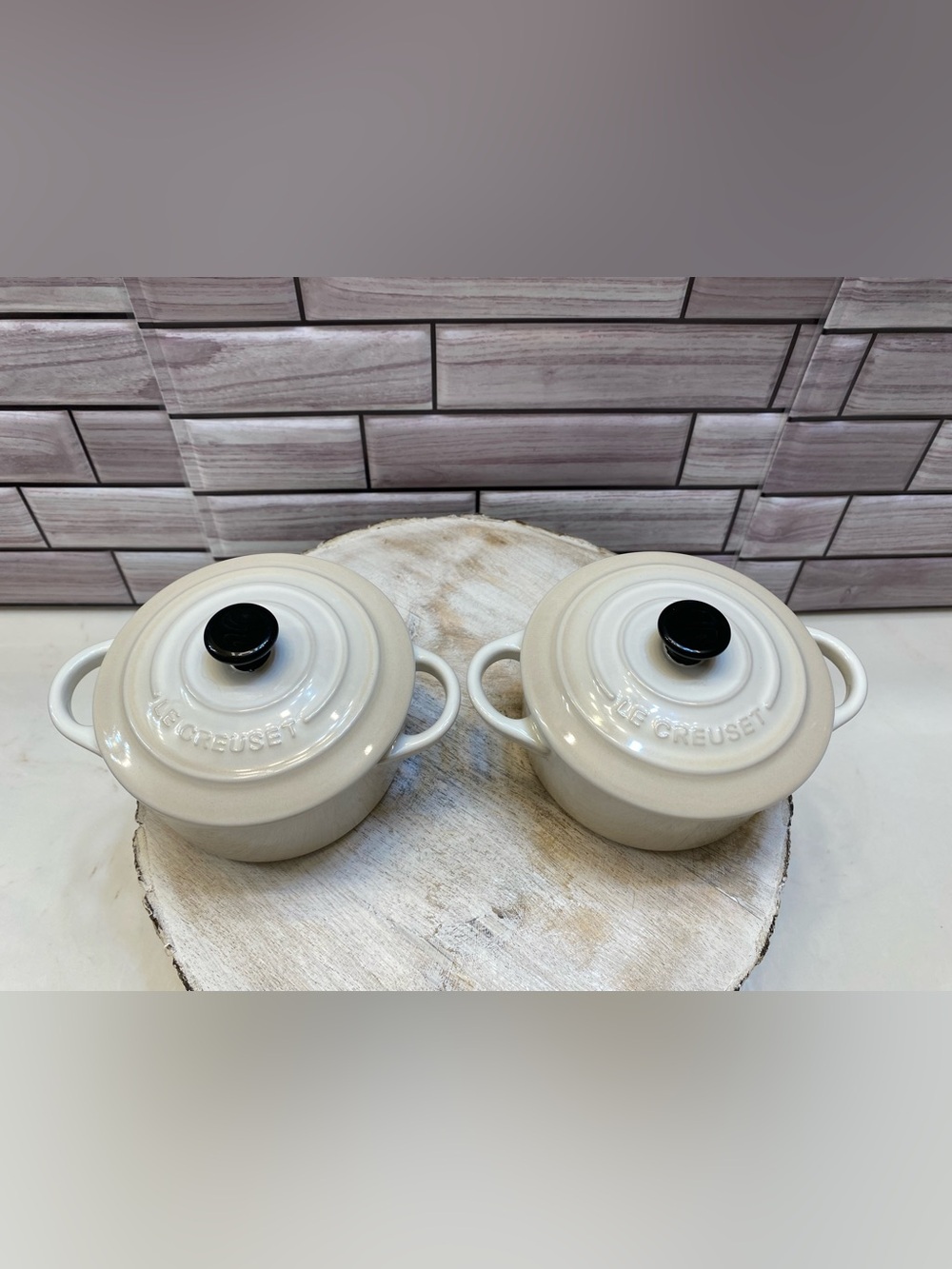 LE CREUSET ❤️(2) Mini RD Cocotte BK/Meringue 10cm/8OZ With Lid  NWT